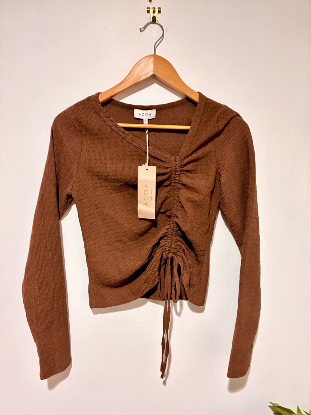 ACOA | New Anthropologie Brown Ruched Long-Sleeve Blouse with Front Tie